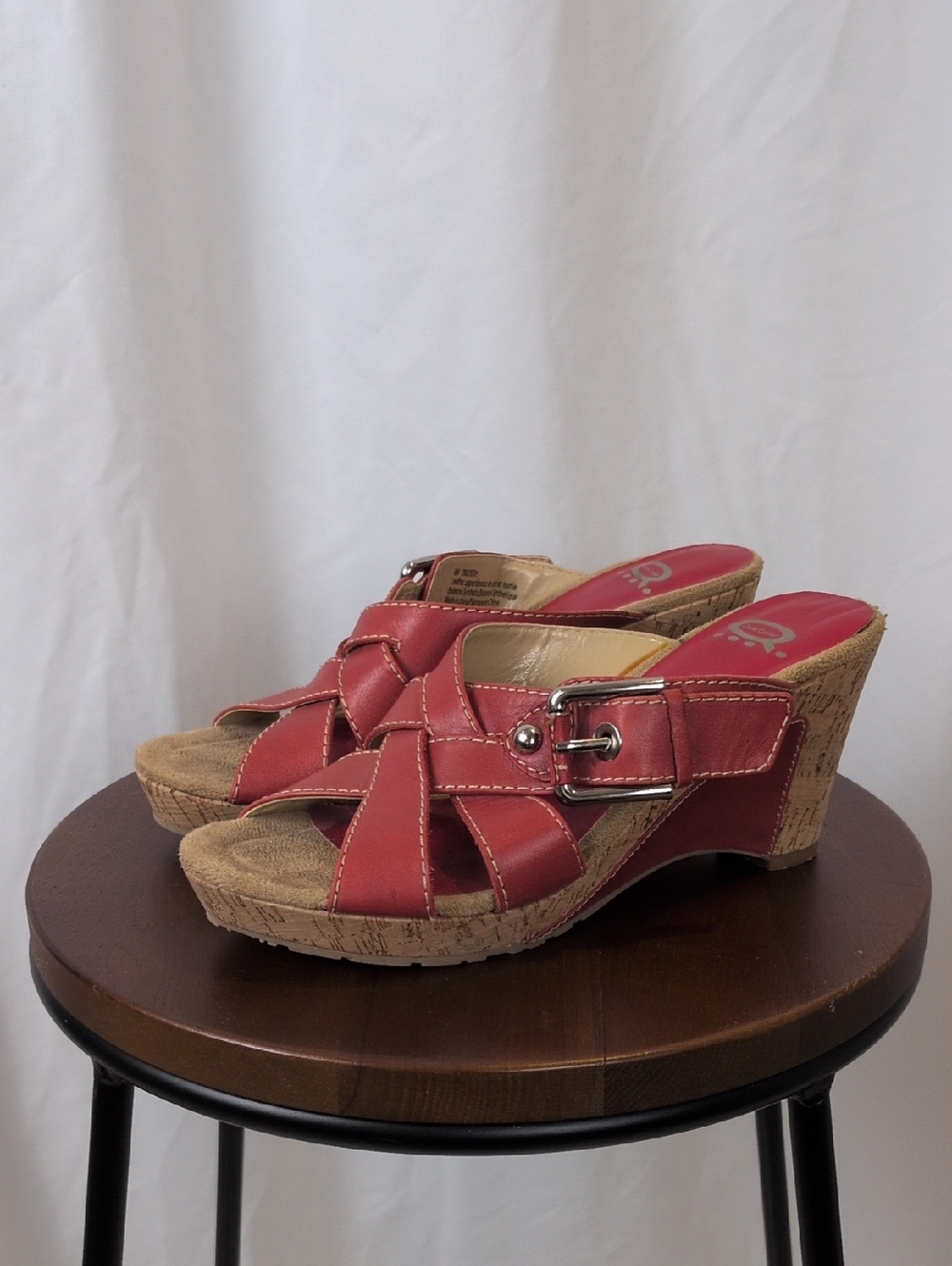 Red Wedge Slide Sandals with Cork Platform -  Women Size 8 M